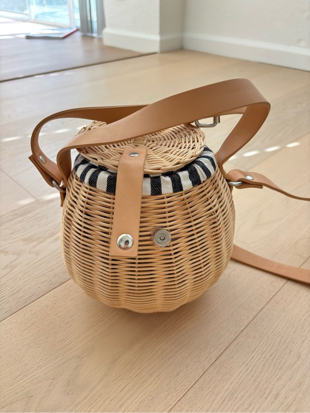 ZARA Woven Rattan Bucket Bag | Straw Crossbody Basket Bag with Stripe Lining - Picture 3 of 6
